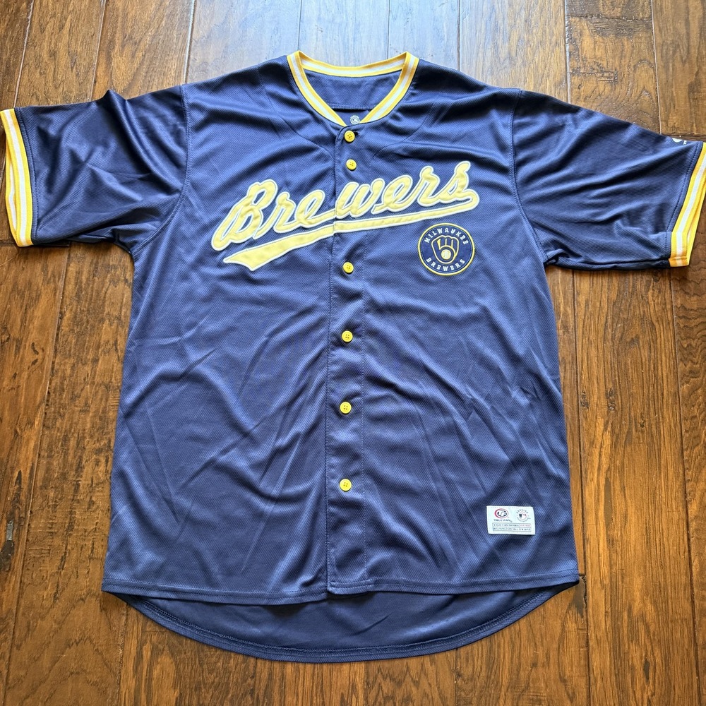 Milwaukee Brewers Jersey Mens Large Blue MLB Baseball True Fan Short Sleeve